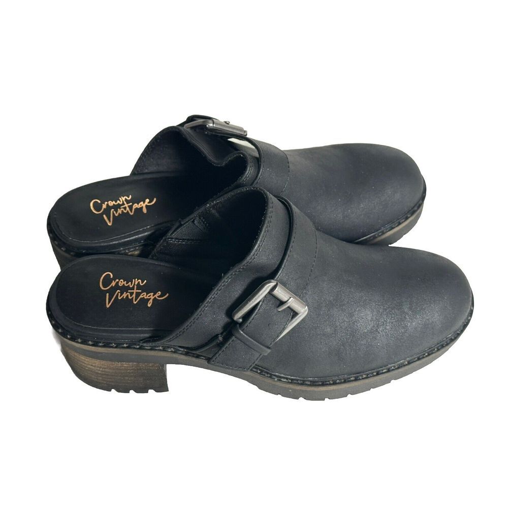 Crown Vintage Size 9M‎ Black Mule Janis Clog Buckle Strap Slip-On Block Heel